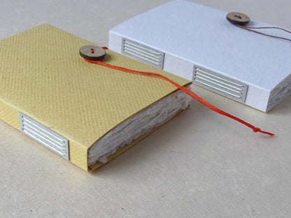 2 handmade paper notebooks with vellum plackets and coconut buttons